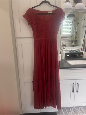 Rust Red Crochet-Detail Maxi Dress